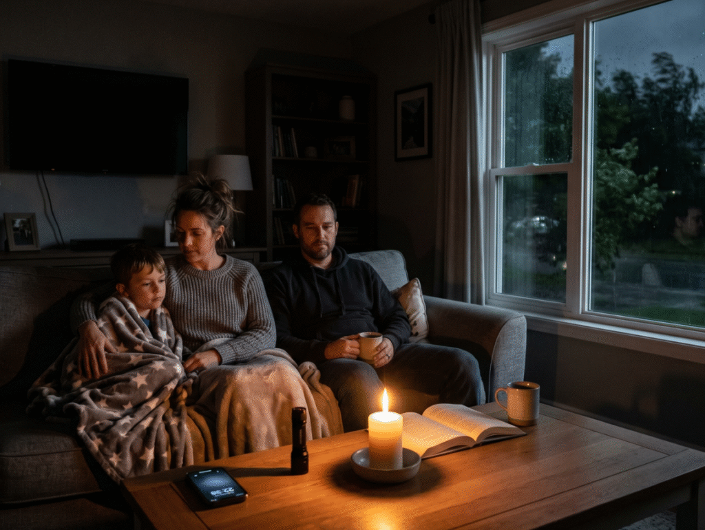 Família utilizando celular e vela para ter luz em residência após tempestade enquanto a rua foi afetada pela chuva.
