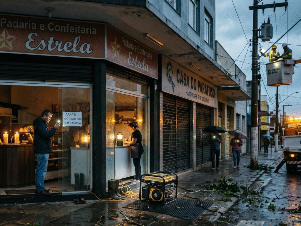 Estabelecimento comercial sem energia após tempestade registrando danos e prejuízos