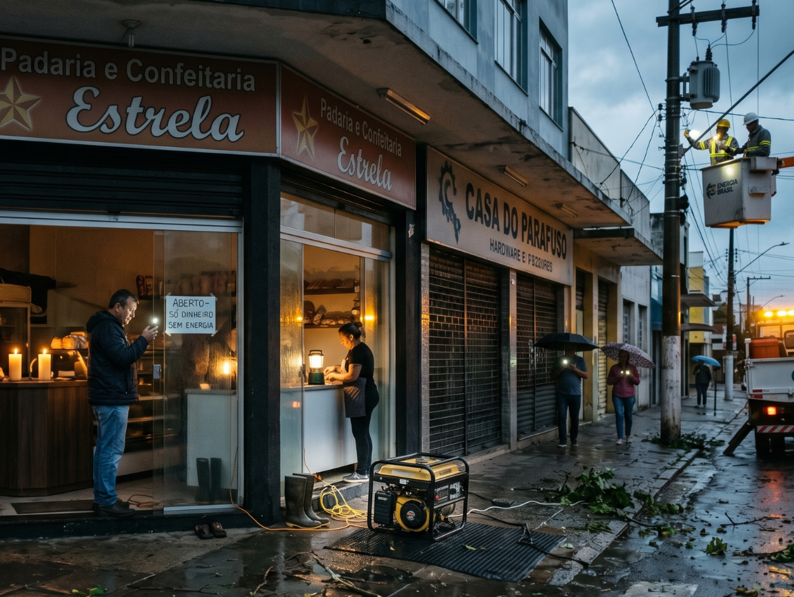 Estabelecimento comercial sem energia após tempestade registrando danos e prejuízos